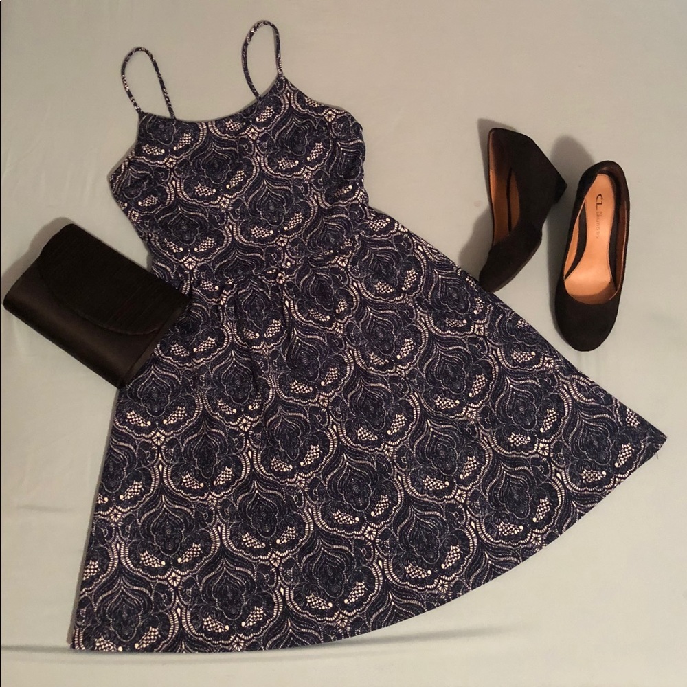 Francesca’s Miami navy & white paisley dress.