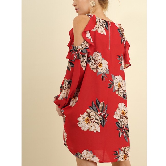 AMANDA Open Shoulder Floral Dress - RED - Picture 2 of 4