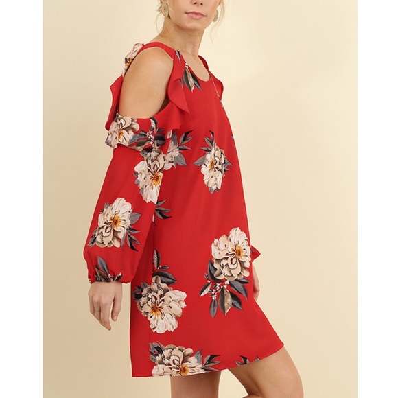 AMANDA Open Shoulder Floral Dress - RED - Picture 4 of 4