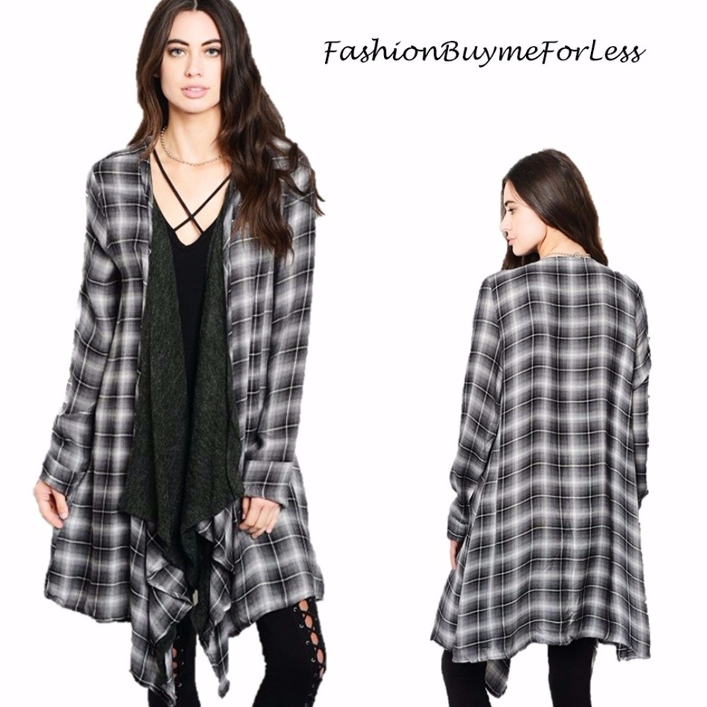 Drape Open Front Plaid Sweater Duster Cardigan Top