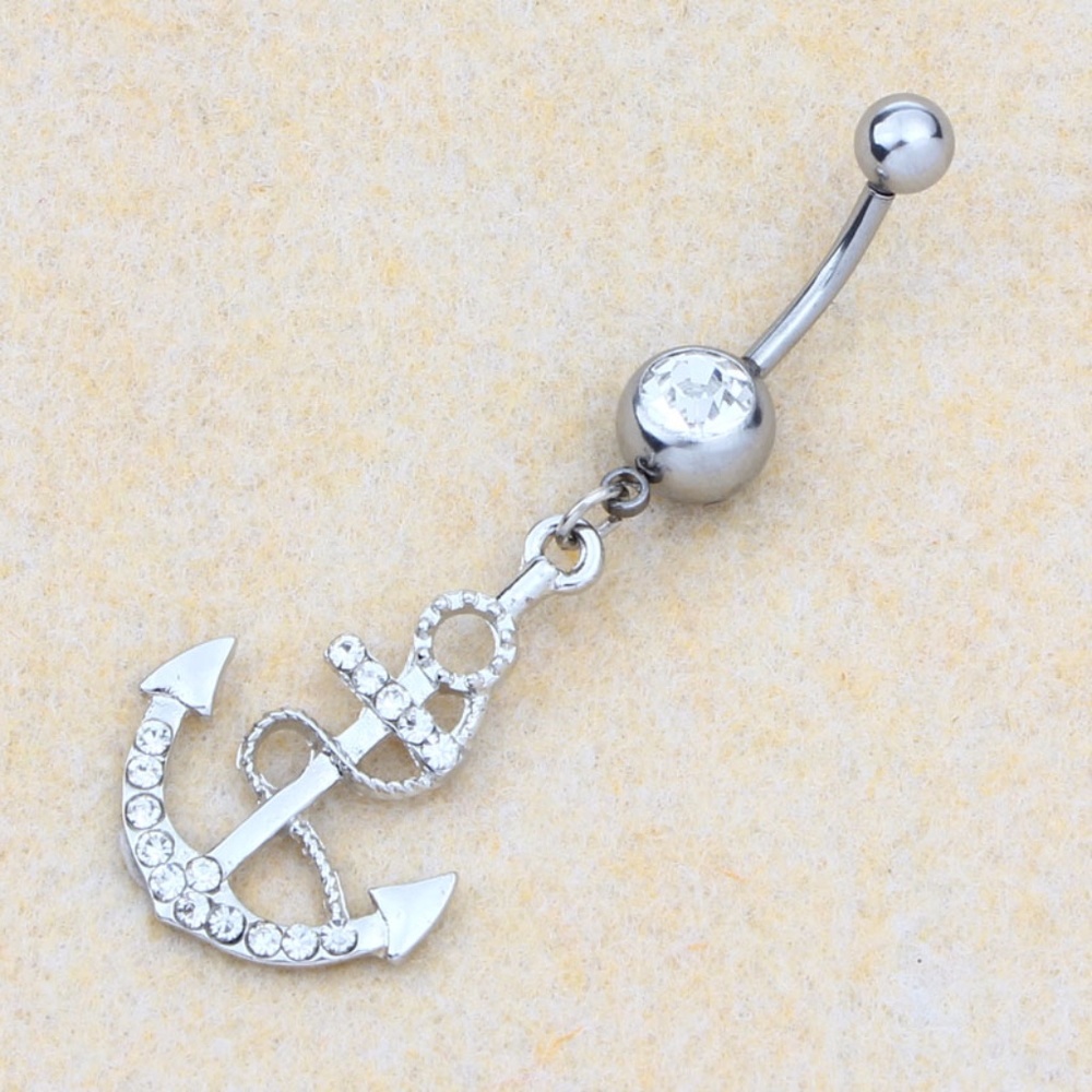 Silver Anchor Navel Belly Ring w/ Rhinestones