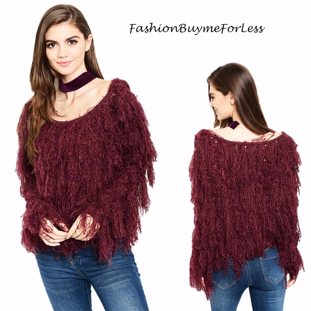 BOHO Faux Shaggy Fur Fringed Pullover Sweater Top