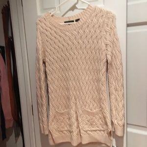 Cream Cableknit Tunic-Length Sweater with pockets