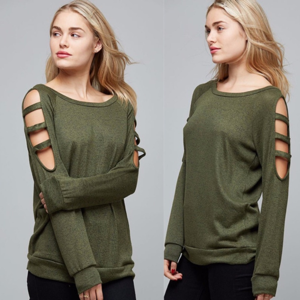 Olive Cut-Out Arm Detail Scoop Neck Top