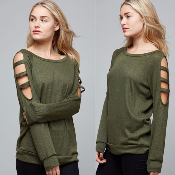 Boutique Tops - Olive Cut-Out Arm Detail Scoop Neck Top