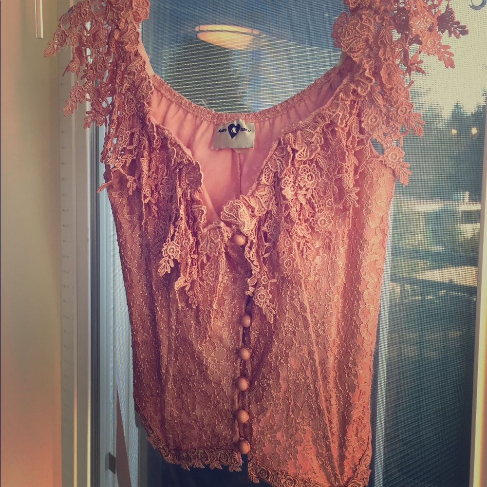 Pink lace top with boning covered buttons embroide