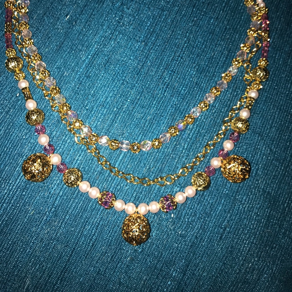 3 strand pink & gold beaded necklace