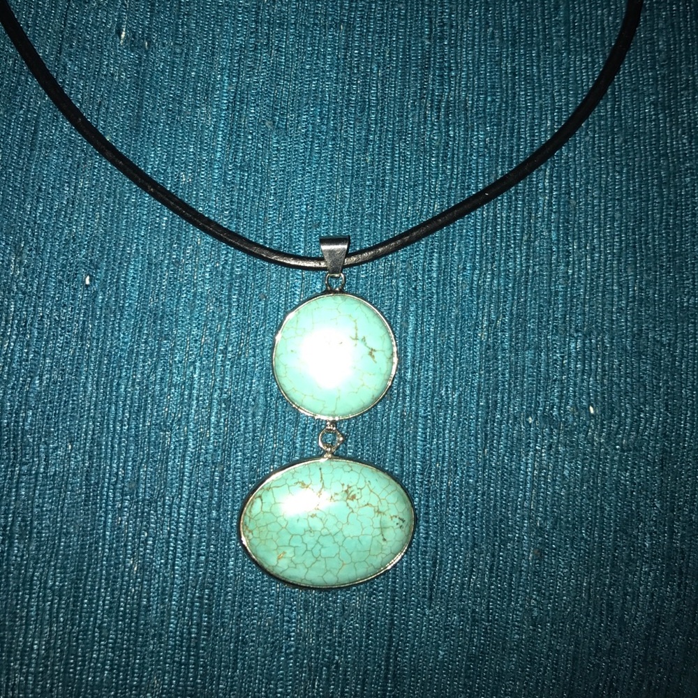 Turquoise like pendant on black cord necklace