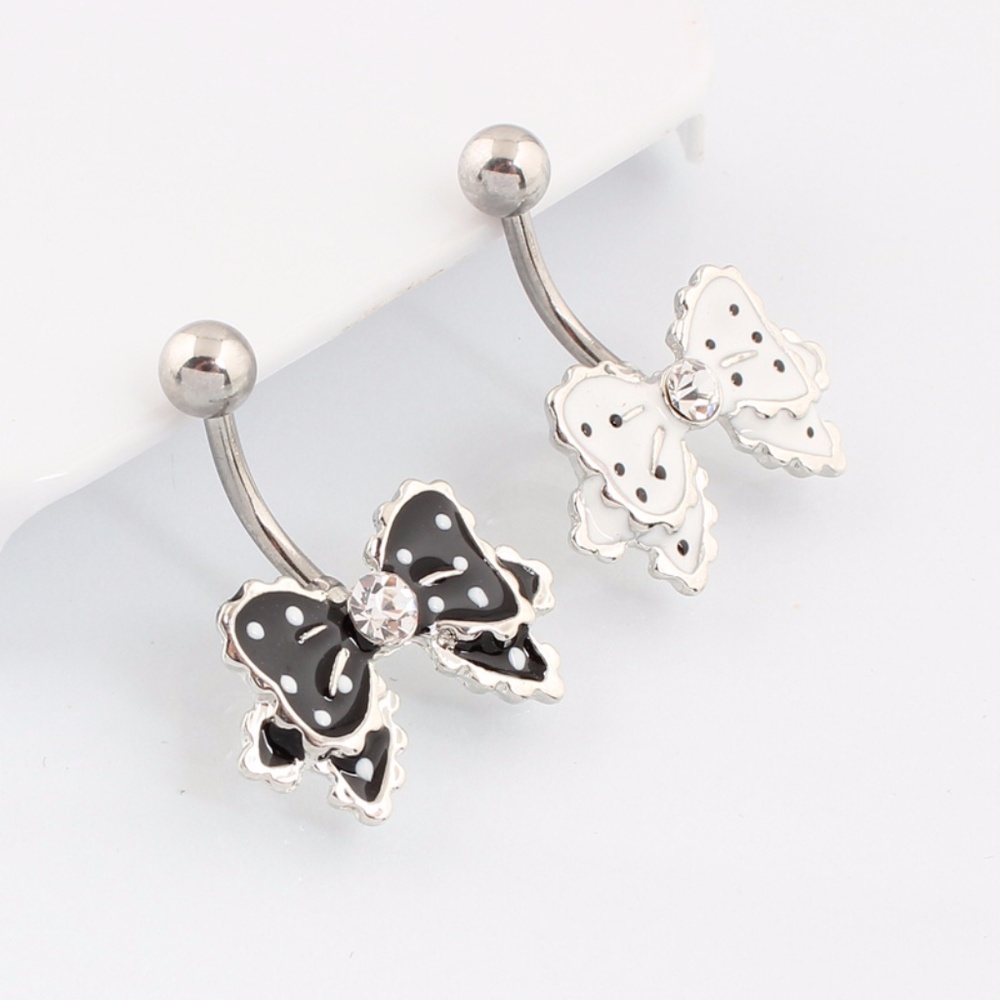 Pair White & Black Polka Dot Bow Tie Navel Ring