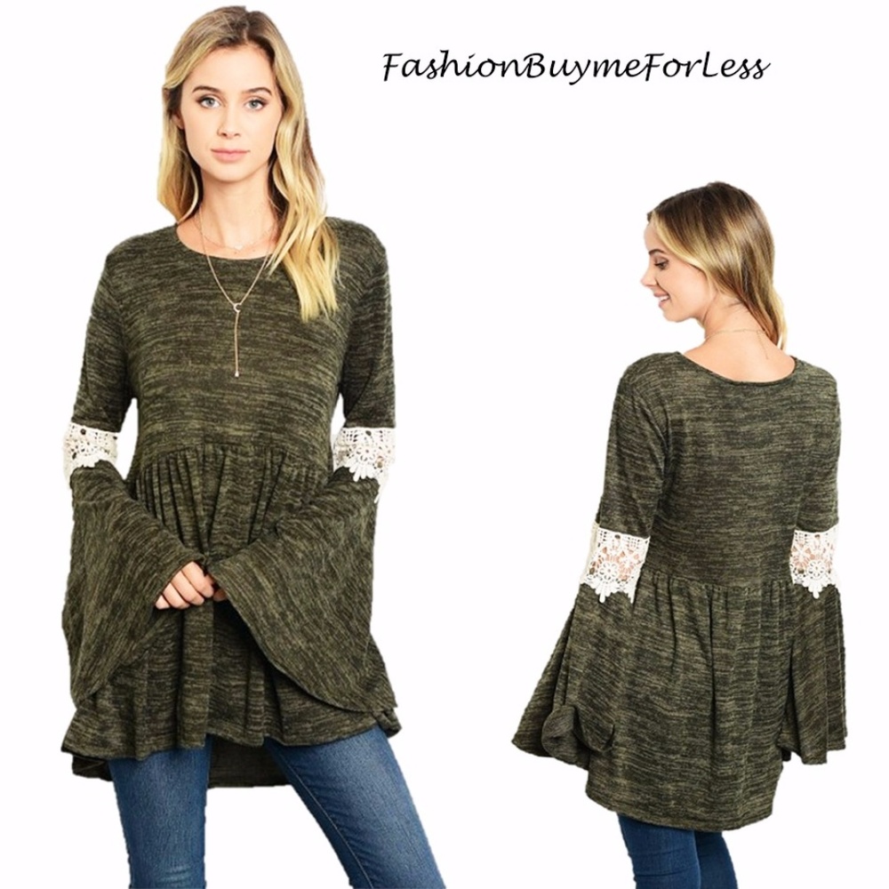 Crochet Flare Bell Sleeve Swing Tunic Sweater Top