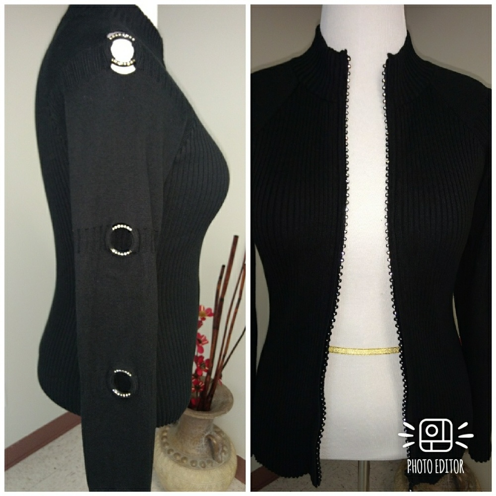 Women's Black Evening Rhinestone Fitted Sweater