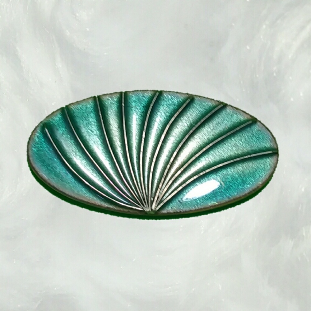 VTG Iridescent Green Enamel Brass Deco Fan Brooch