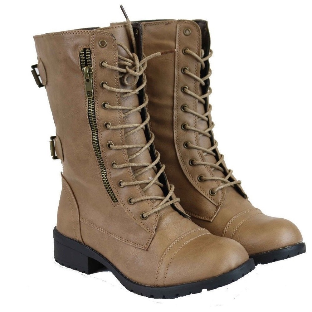 New Women's Tan Military Boots Zipper Lace Up - Picture 1 of 2