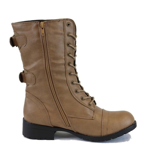 New Women's Tan Military Boots Zipper Lace Up - Picture 2 of 2