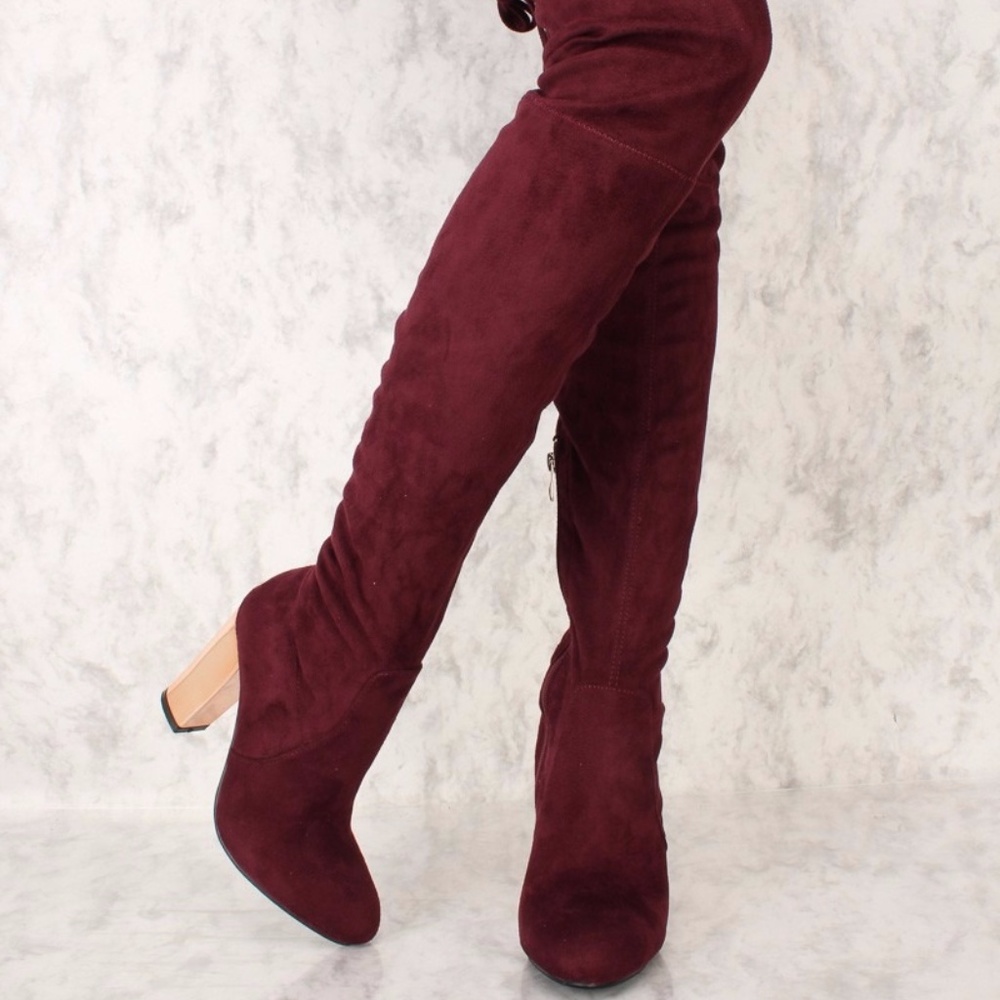 Burgundy Pointy Toe Thigh High Boots