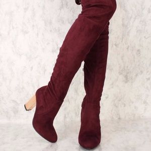 Burgundy Pointy Toe Thigh High Boots