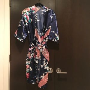 Women's navy kimono silk robe in short sleeve