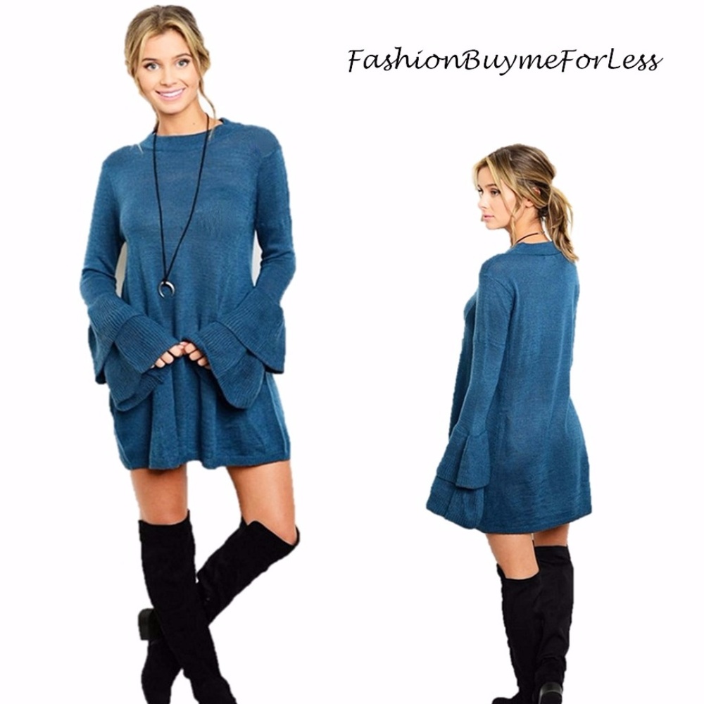 Layer Bell Sleeve Flare Tunic Sweater Mini Dress