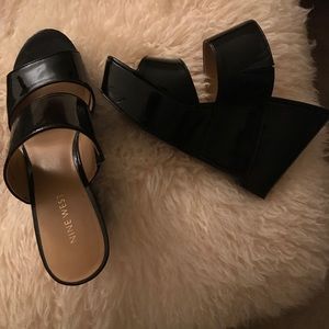 Black patent leather platform sandals