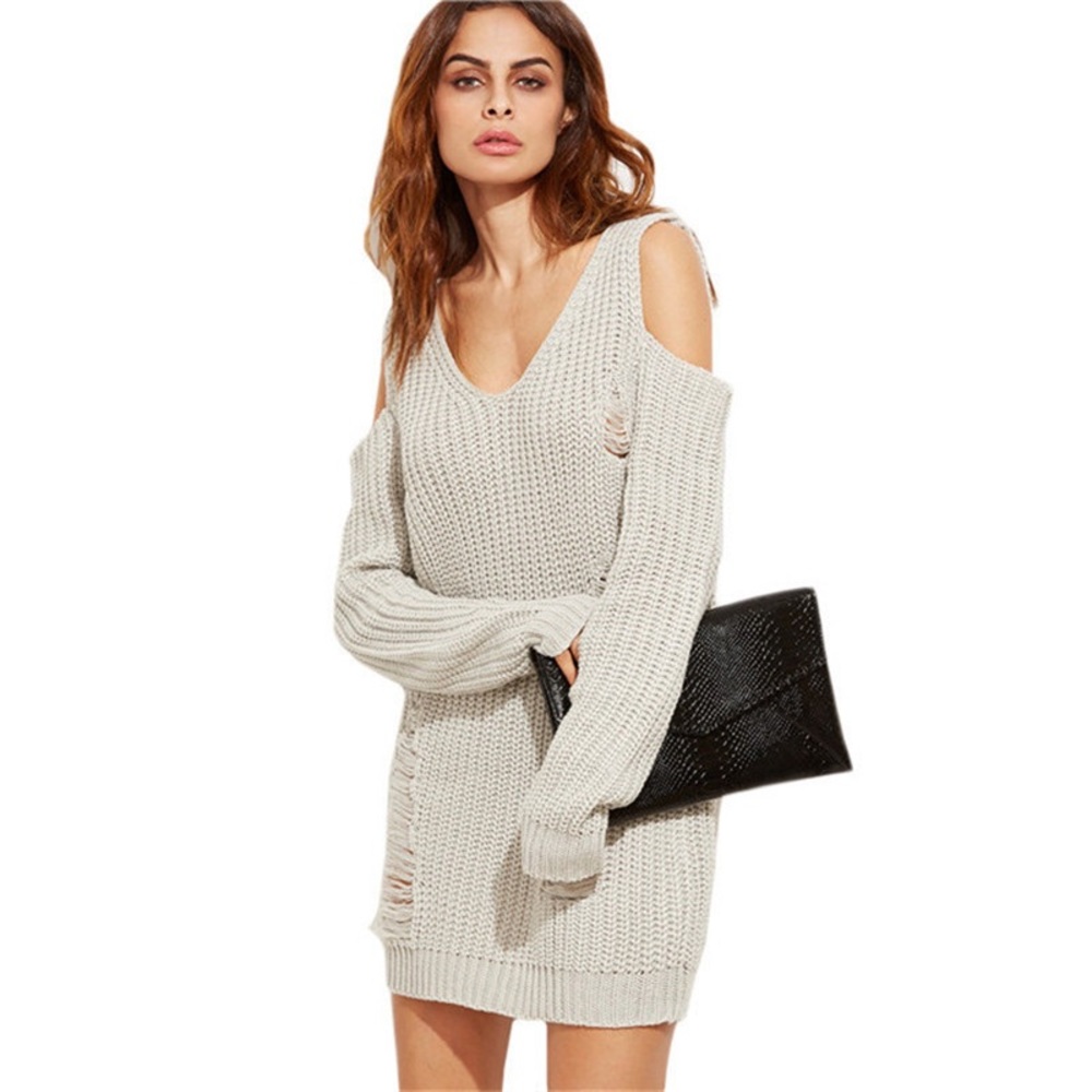 💥 SALE Distressed Cold Shoulder Sweater Dress - Picture 2 of 7