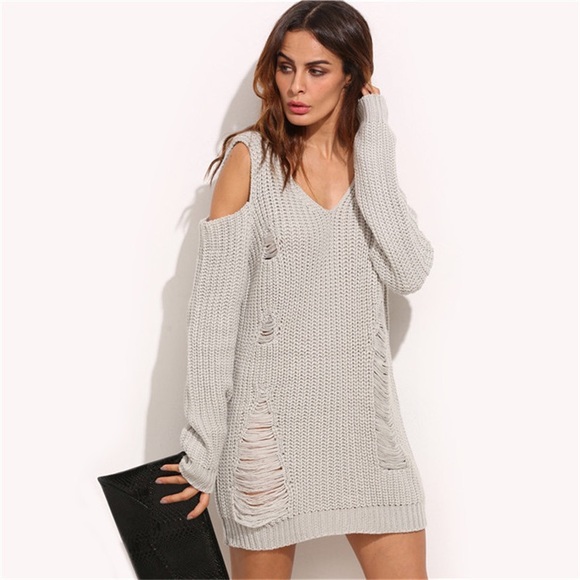 ๐ฅ SALE Distressed Cold Shoulder Sweater Dress - Picture 3 of 7