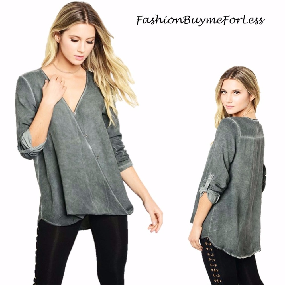BOHO Mineral Washed Tunic Blouson Blouse Shirt Top