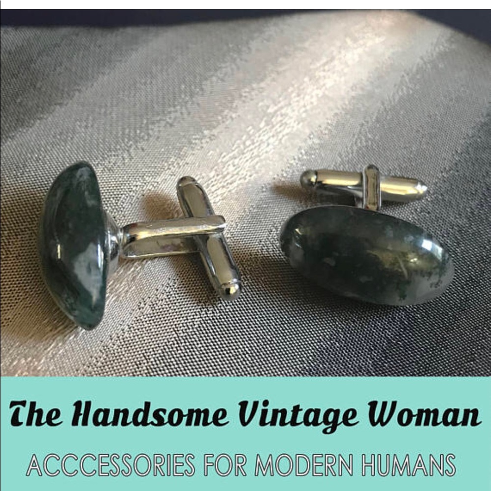 Green Moss Agate Oval Cuff Links, Vintage