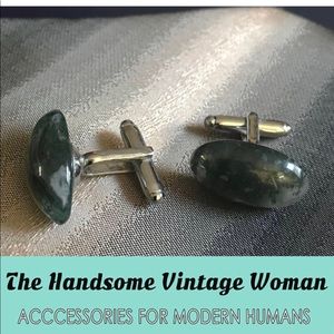 Green Moss Agate Oval Cuff Links, Vintage