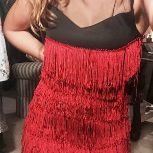 Black flapper dress red fringe and black mesh