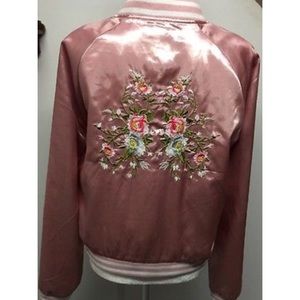 Pink Silk Bomber Jacket With Floral Appliqués