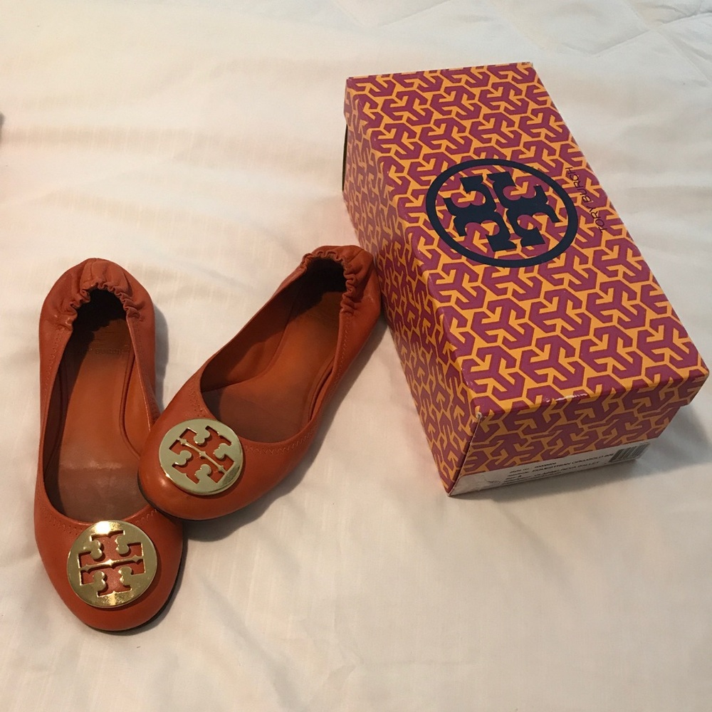 Tory Burch Orange and Gold Gameday Reva Flats - Picture 1 of 5