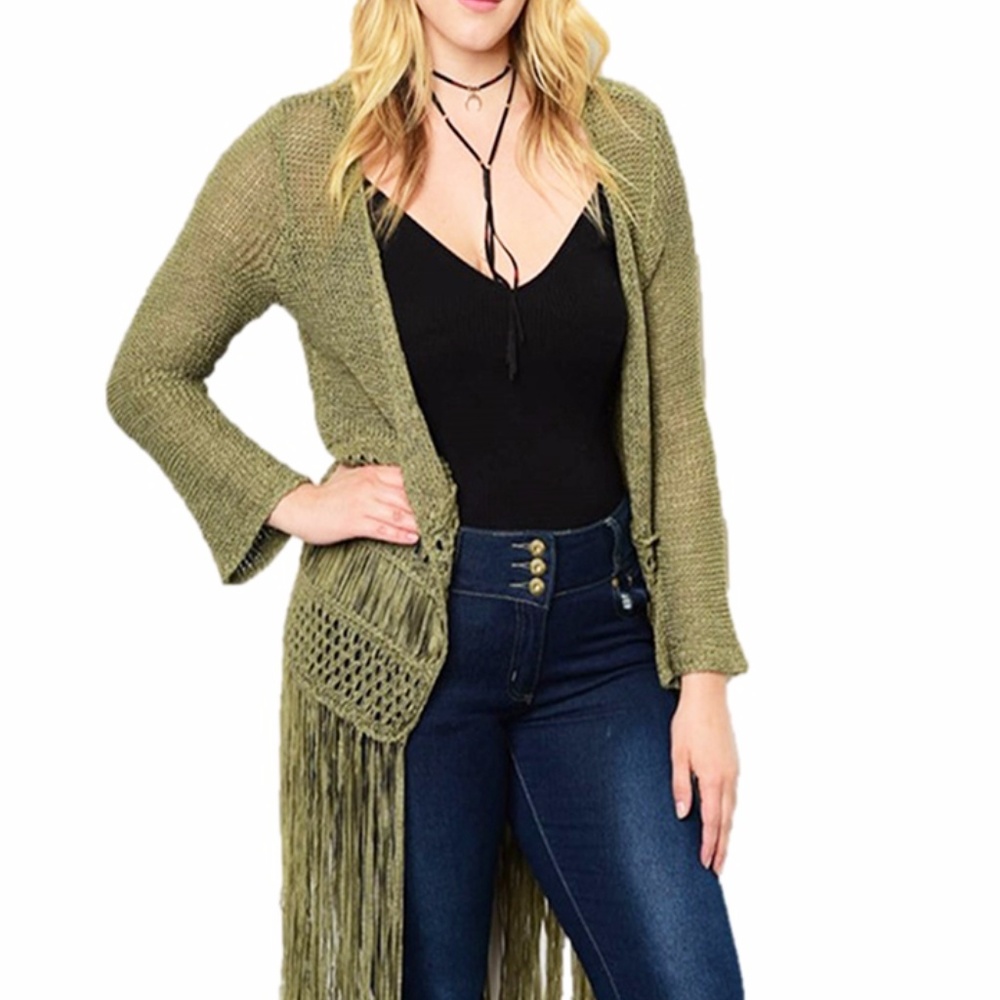 BOHO Crochet Eyelet Fringed Sweater Cardigan Top - Picture 6 of 8