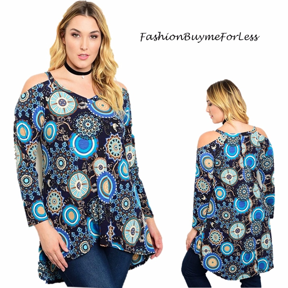 BOHO 70's Medallion Cold Shoulder Tunic Shirt Top