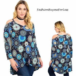 BOHO 70's Medallion Cold Shoulder Tunic Shirt Top