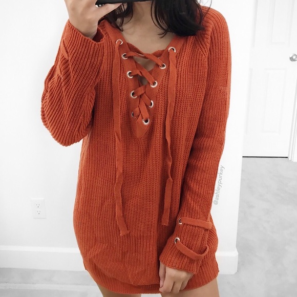 Daisys Boutique Sweaters - burnt orange lace up cross knit longline sweater
