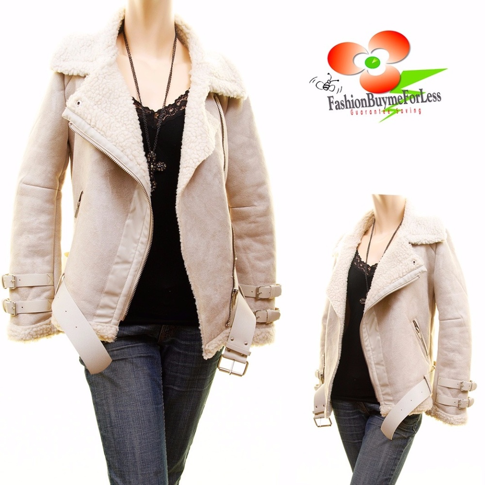 Faux Lamb Suede Shearling Aviator Bomber Moto Coat