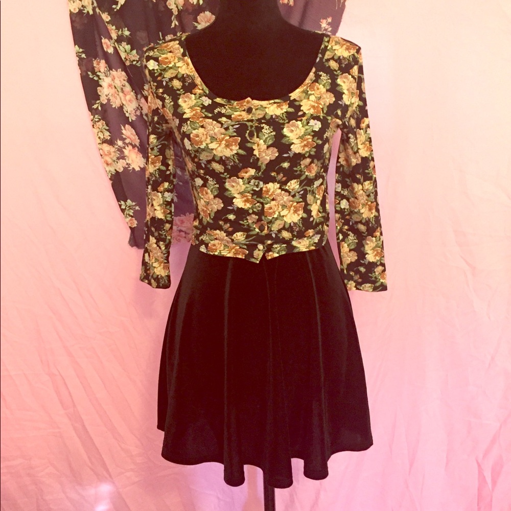 Dark Floral Crop Top & Velvet High Waisted Skirt
