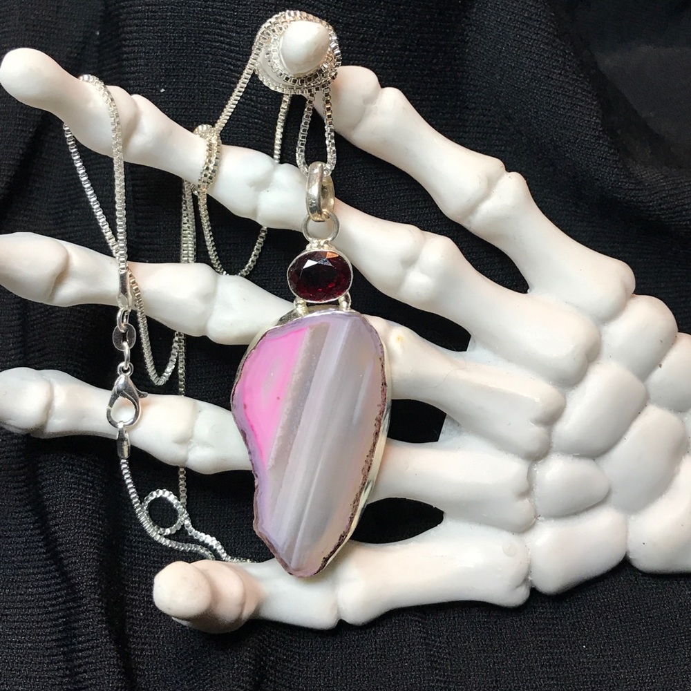 Pink druzy ruby crystal 30in chain Necklace