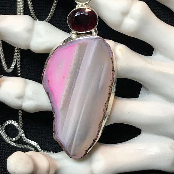 Pink druzy ruby crystal 30in chain Necklace - Picture 2 of 5