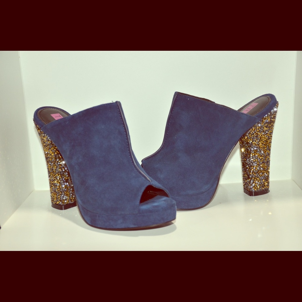 Blue suede mules
