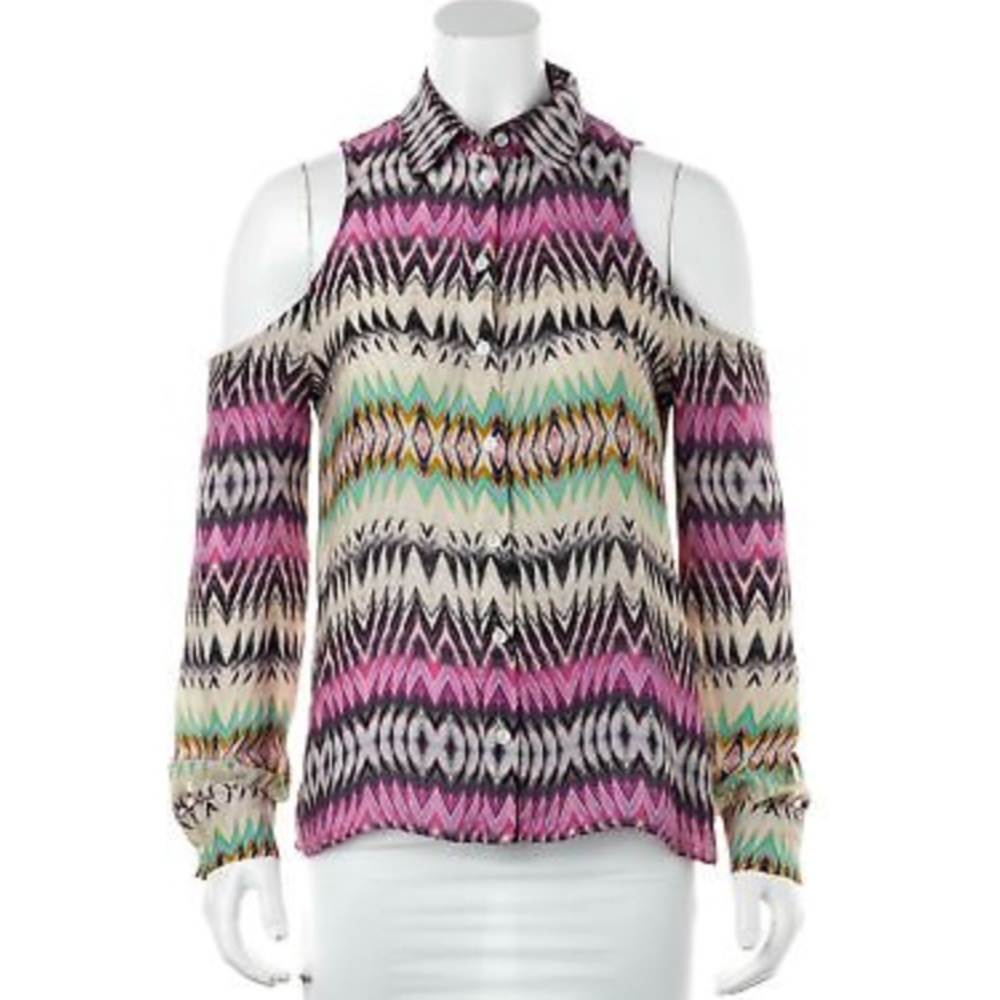 PARKER Zig Zag Print Silk Cold Shoulder Blouse