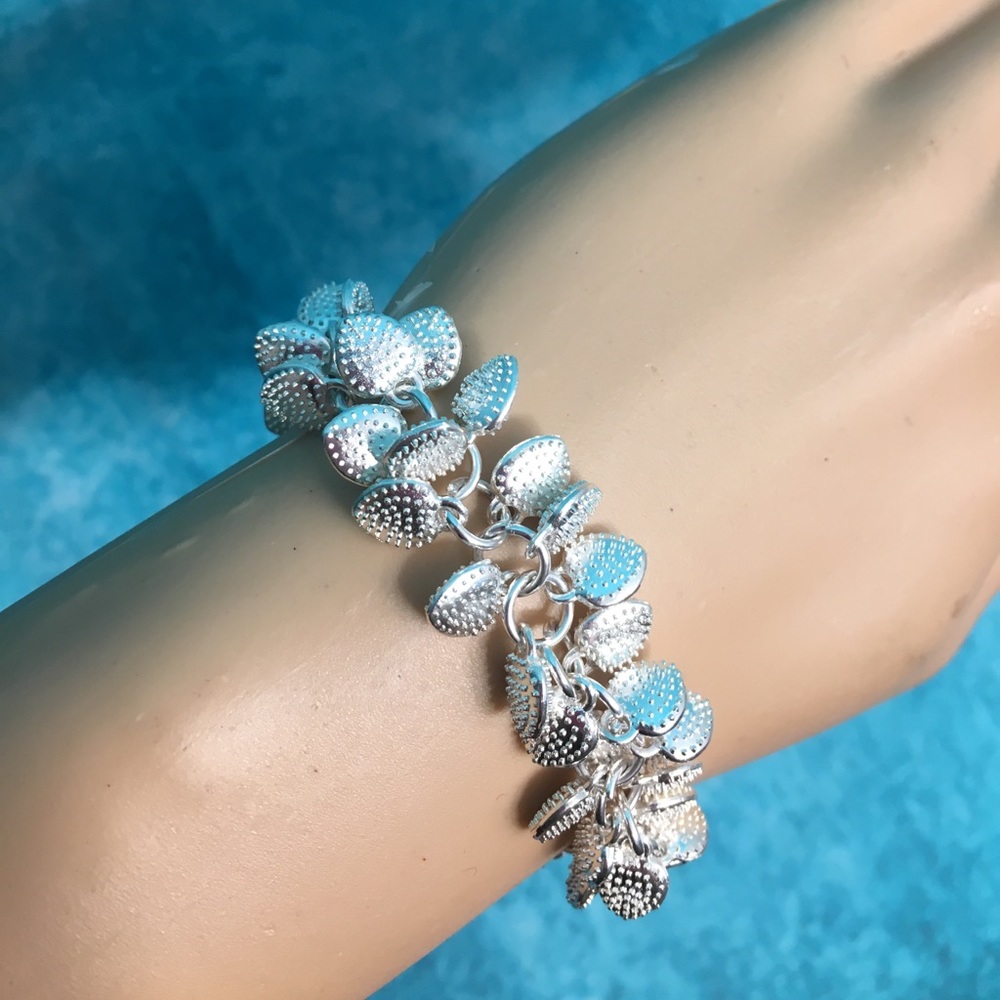Sterling Silver Textured Hearts Charm Bracelet