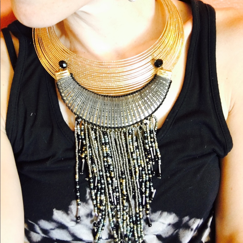 Beaded golden tribal statement necklace