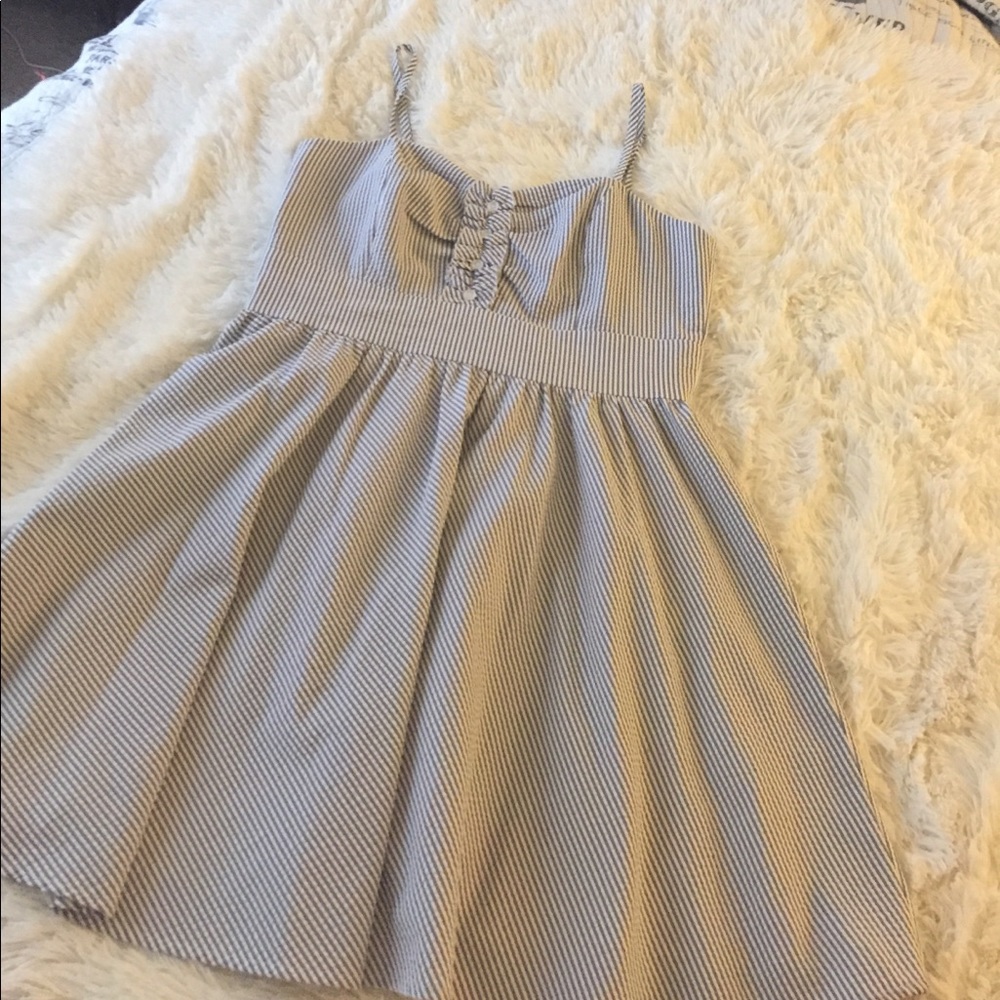 Seersucker adjustable strap dress with ruffles