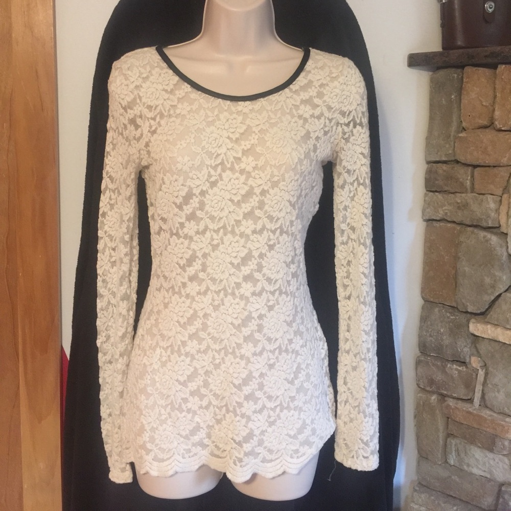 Lace top with leather trim