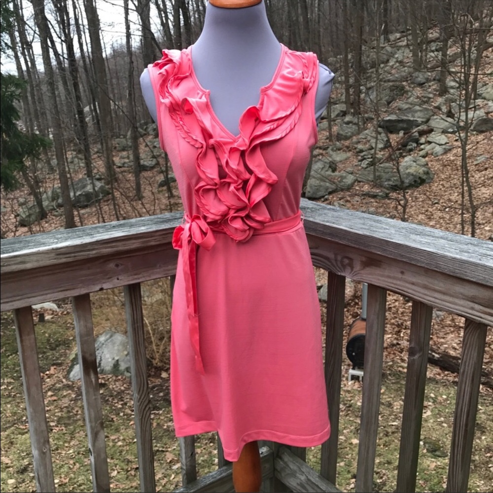 Pink Ruffle front split Neck aline dress - Picture 2 of 8