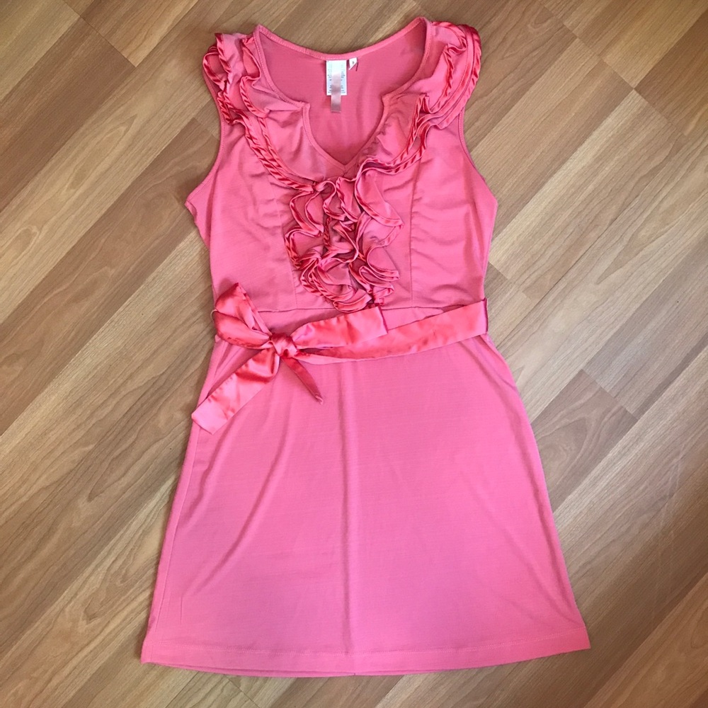 Pink Ruffle front split Neck aline dress - Picture 1 of 8