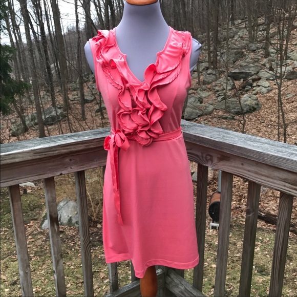 Pink Ruffle front split Neck aline dress - Picture 2 of 8