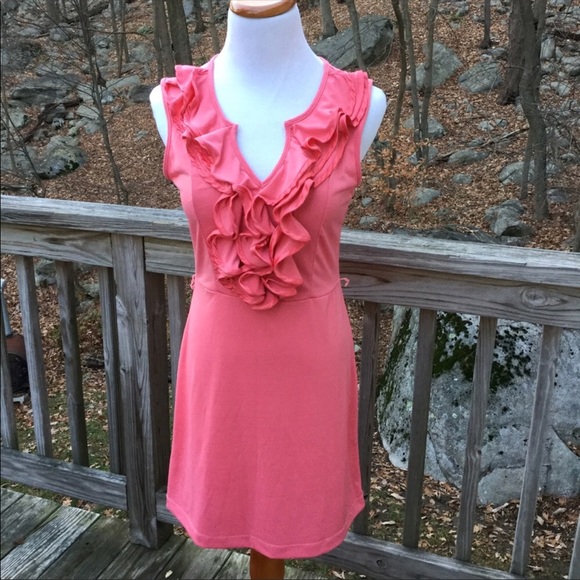 Pink Ruffle front split Neck aline dress - Picture 4 of 8
