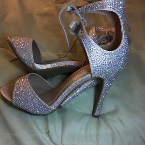 Pair of nude leather with beaded open-toe heels